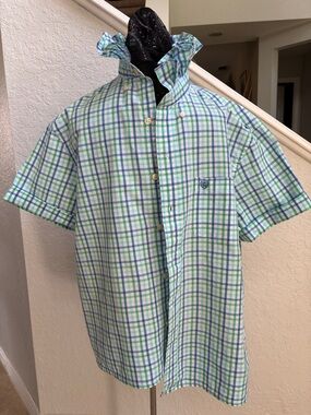 Chaps Short-Sleeve Plaid Button-Down Shirt - Light Blue & Green M